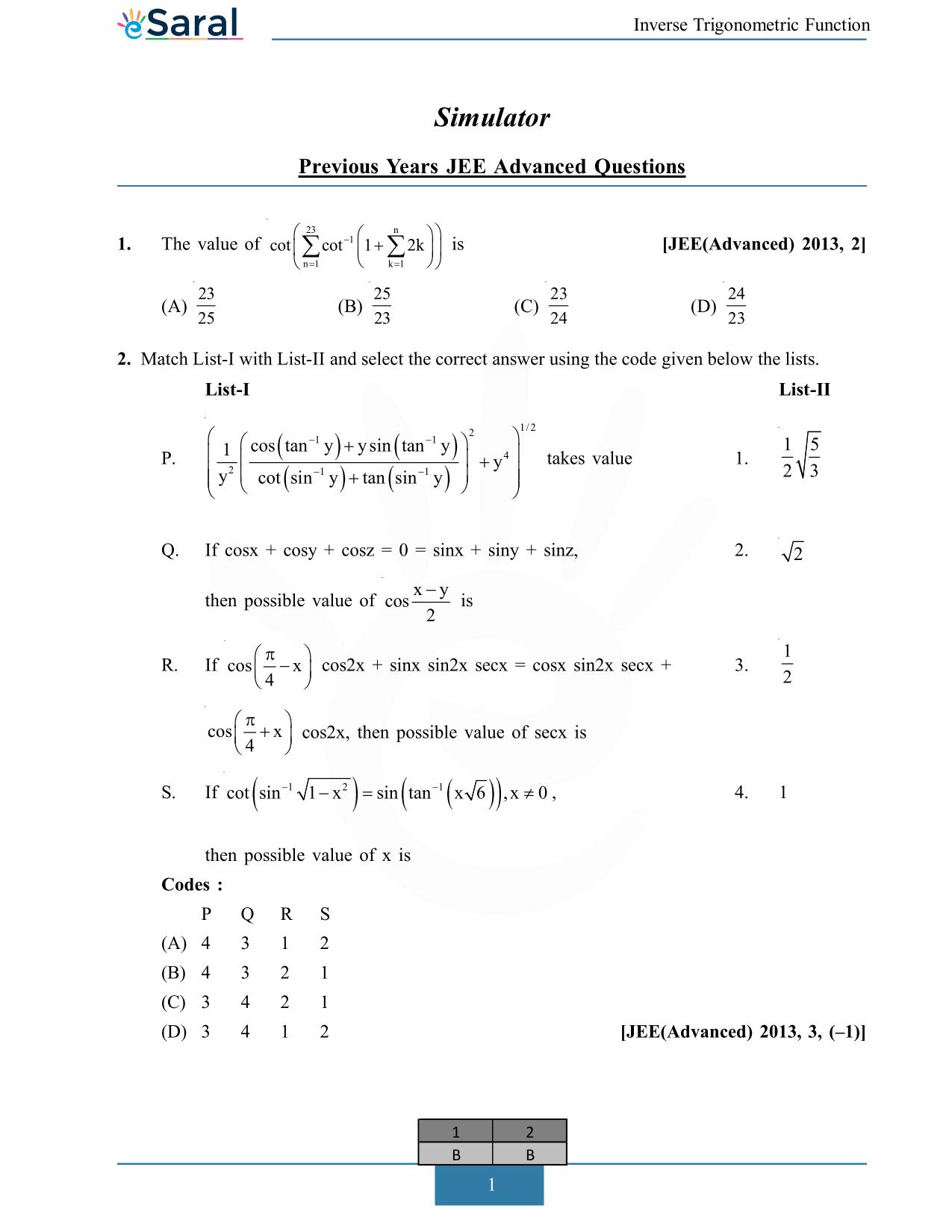 Inverse Trigonometric Function JEE Advanced Previous Year Questions 