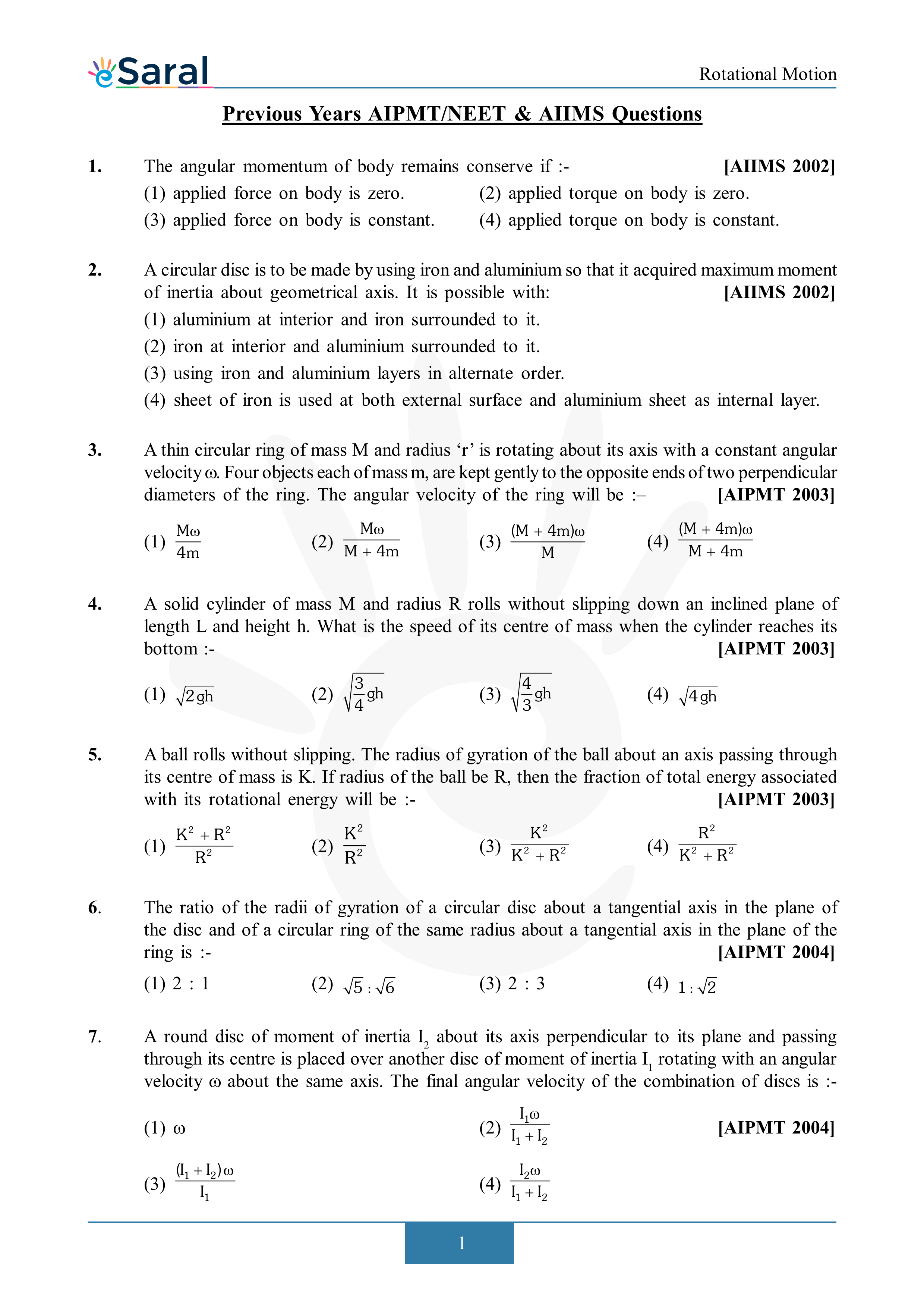 NEET Rotational Motion Previous Year Questions With Solutions