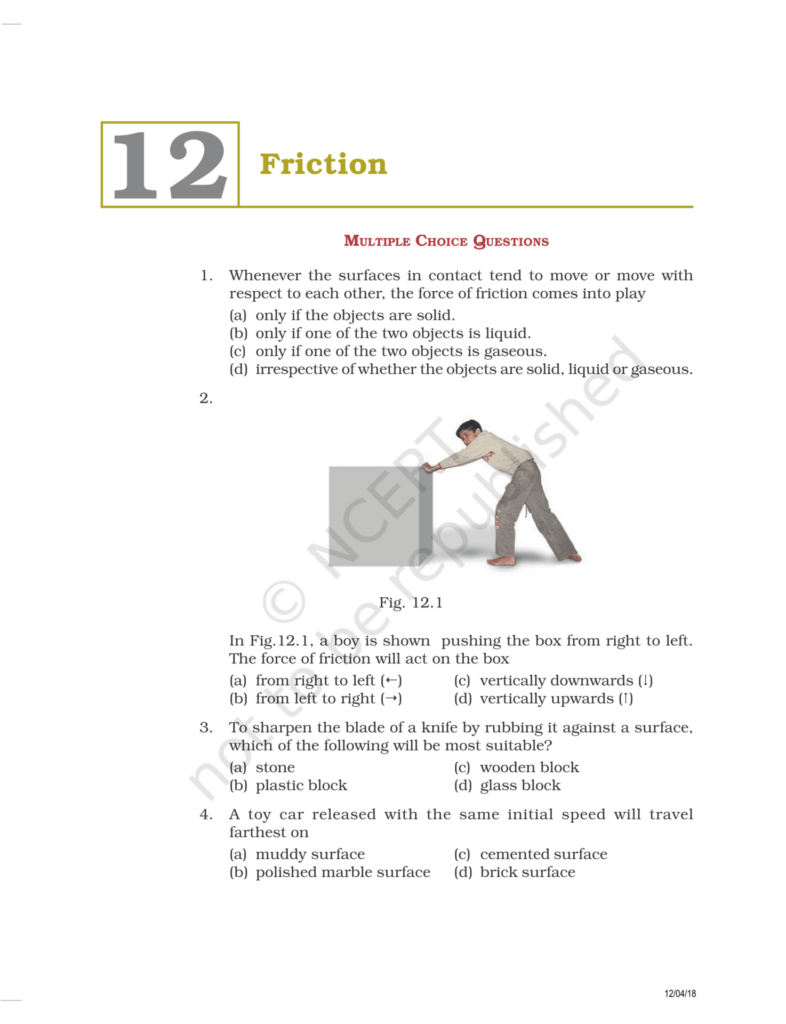 NCERT Exemplar Class 8 Science Chapter 12 Friction