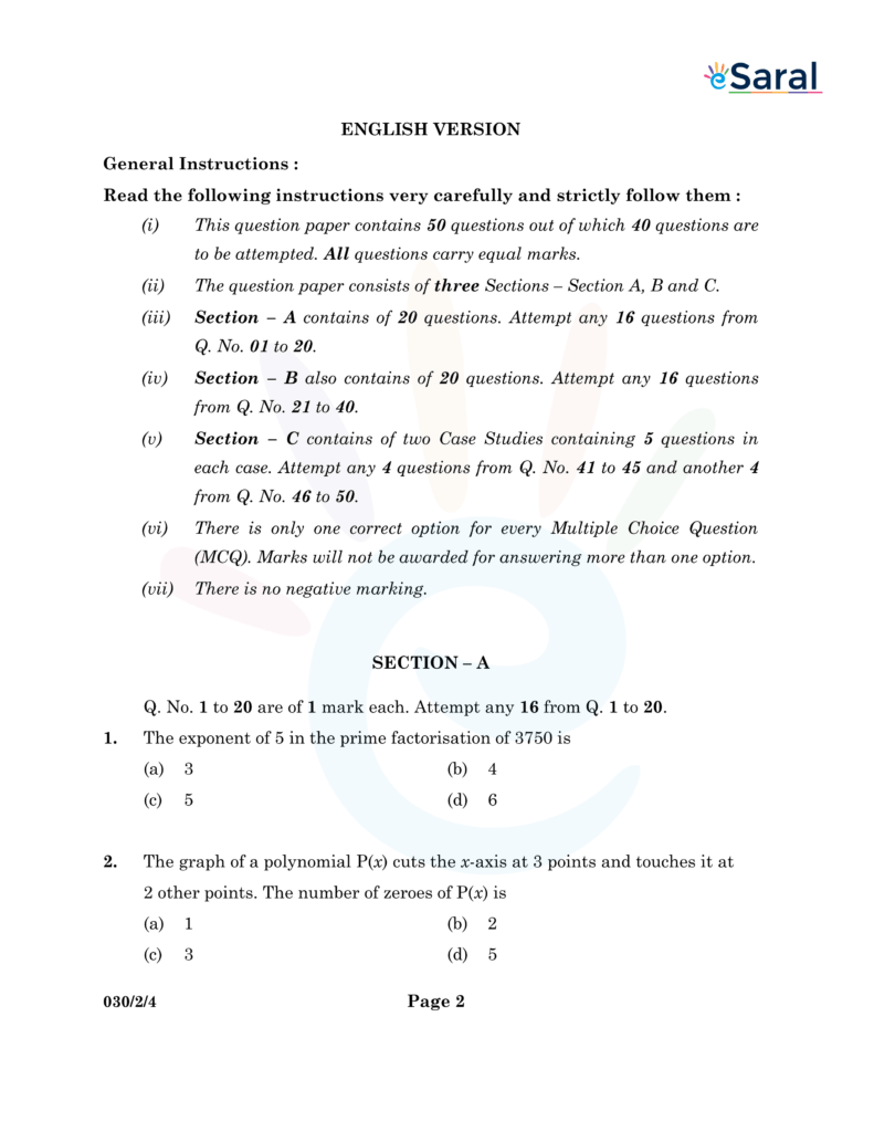 CBSE 10th Standard Maths Question Paper Term 1 Exam 2021 22