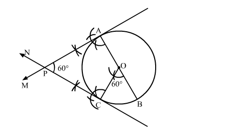 Draw a circle of radius 4 cm. Construct a pair of tangents to it, the angle  between which is 60°. Also justify the construction. Measure the distance  between the centre of the